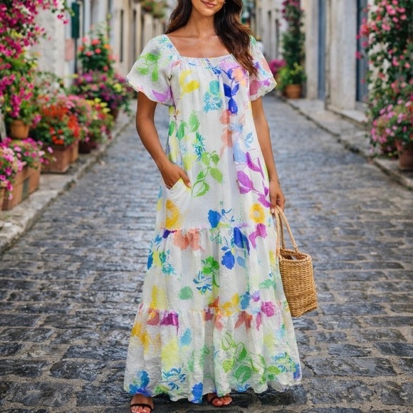 Tanya Taylor Dresses & Skirts - Tanya Taylor Size 2 Silk Maxi Dress Pastel Floral Puff Sleeve Tiered Ruffle XS